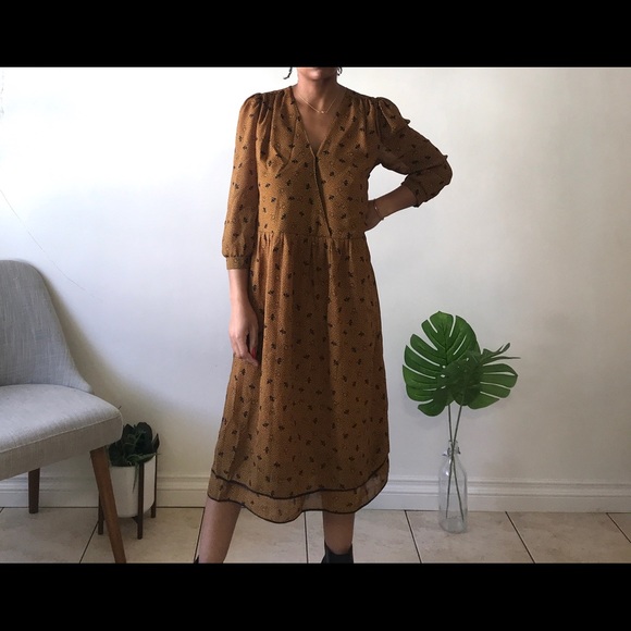 Vintage brown flowy Midi Dress Small - Picture 8 of 10